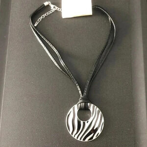 Carol D Studio Zebra Print round cutout disk necklace,black leather,silver tone